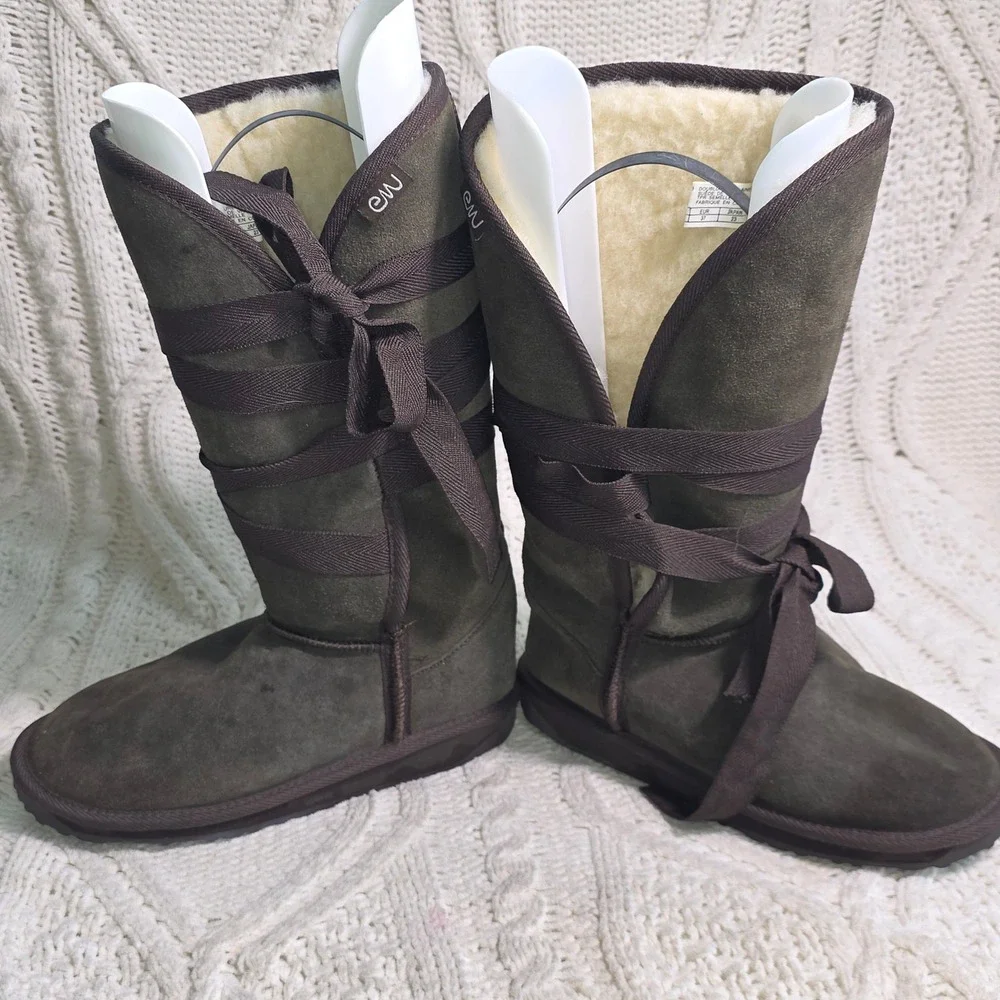 EMU Australia Wrap Knee High Boots Brown Suede Wool Shearling Womens 6 Excellent